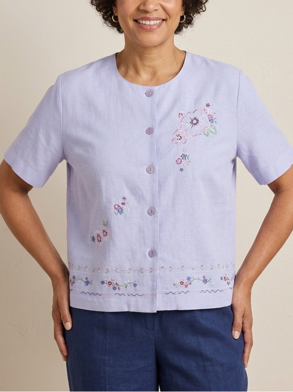 Vinatge Koret Purple Button Front Embroidered Short Sleeve‎ Shirt Top Size Large